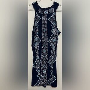 Three Pink Hearts blue/white sleeveless halter top boho geometric dress. Large